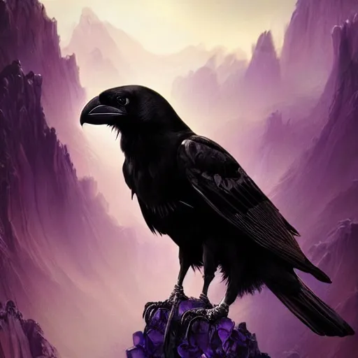 Image similar to portrait of a beautiful raven perched on purple crystals that are glowing in a misty valley, establishing shot, extremly high detail, foto realistic, cinematic lighting, by Yoshitaka Amano, Ruan Jia, Kentaro Miura, Artgerm, post processed, concept art, artstation, raphael lacoste, alex ross