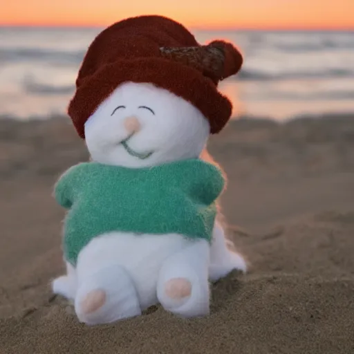 Prompt: a cotton-headed ninny-muggins is hanging out at the beach at dusk