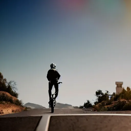 Prompt: photo of jesus riding a scooter in california, high detail, cinematic,