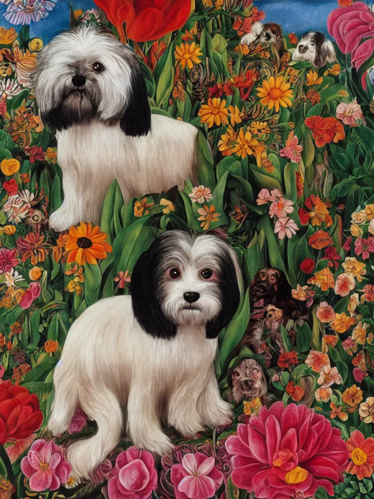 Prompt: a cream colored havanese dog as with a unibrow, surreal background, plants and flowers, naive art, by frida kahlo