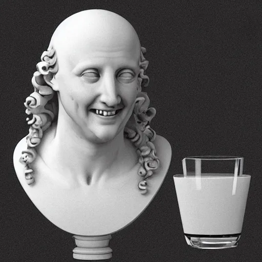 Image similar to a 3 d smiling model of a white marble human head in a renaissance style holding a coctail, digital illustration, 3 d render, above the waist