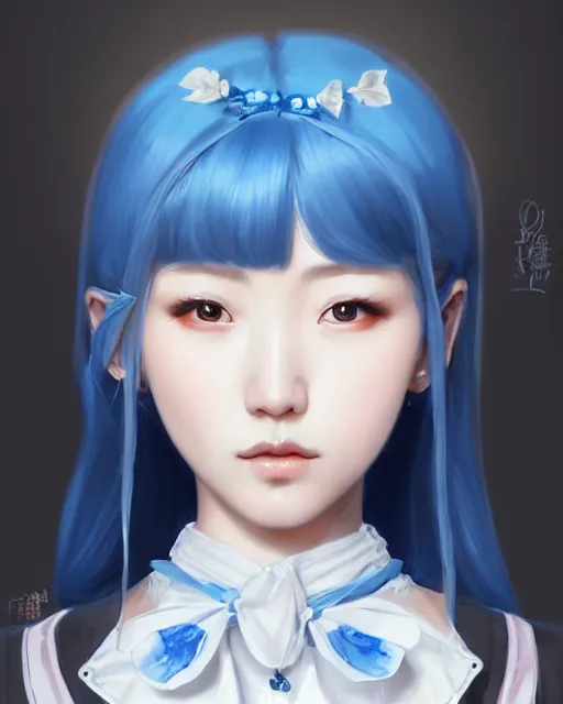 Image similar to symmetrical portrait of a pretty korean girl with blue hair dressed as a french maid digital painting, 8 k, concept art, art by wlop, artgerm, greg rutkowski and alphonse mucha