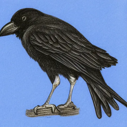 Prompt: detailed drawing of a crow on a blue gradient background, depressive, sad, beautiful