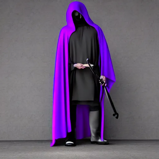 Image similar to grim reaper, purple cloak, full body