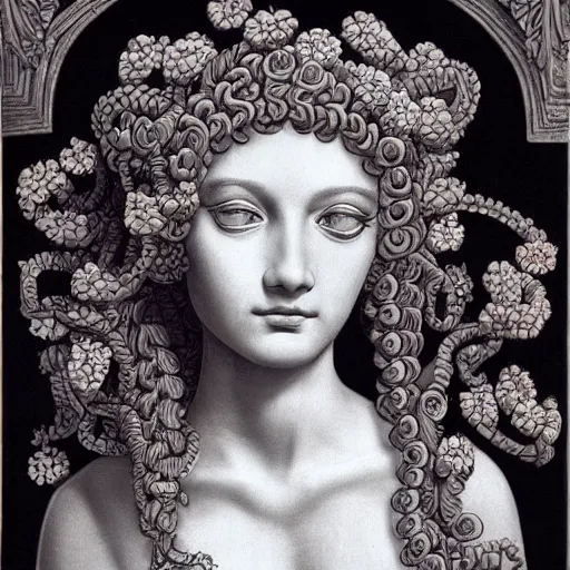 Image similar to detailed, portrait of medusa, beautiful, pretty girl, surrounded by lotus flowers and geometry