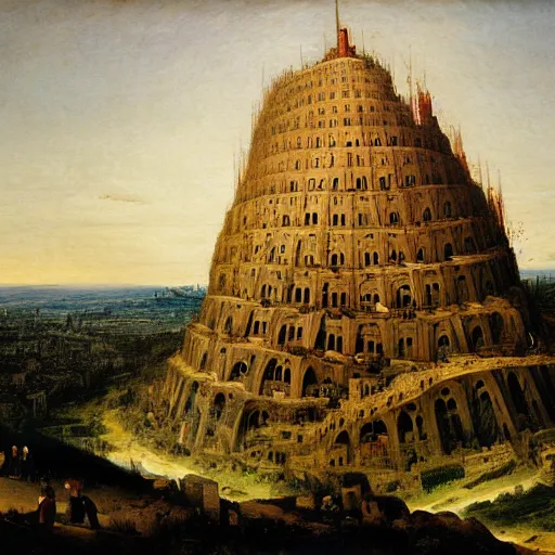 Prompt: a painting of the tower of babel, in the style of caspar david friedrich