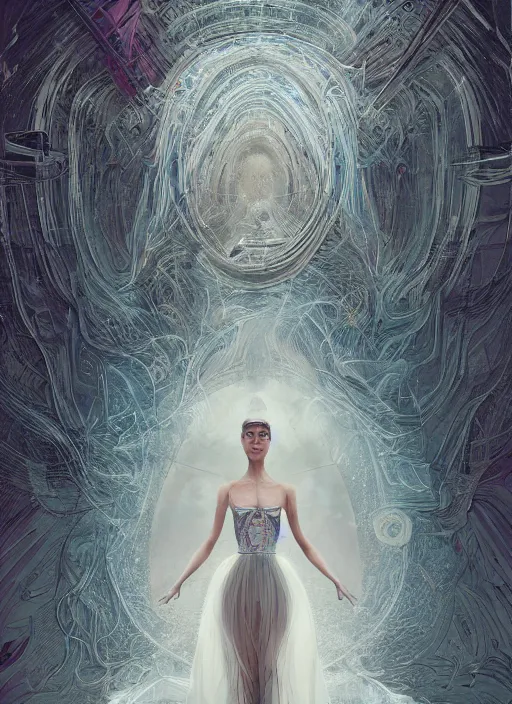 Image similar to portrait of a ballerina in a long flowing gown. intricate abstract. intricate artwork. by tooth wu, wlop, beeple, dan mumford. trending on artstation, greg rutkowski very coherent symmetrical artwork. cinematic, hyper realism, high detail, octane render, 8 k, iridescent accents