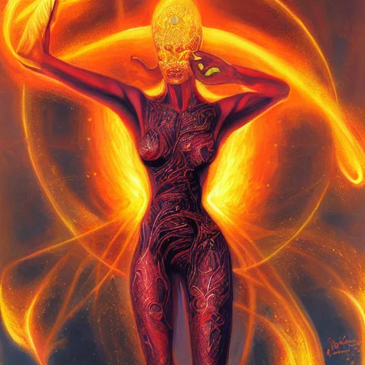 Prompt: A beautiful painting of a female cosmic being with flames as its body by Jim Burns, 8K, ultra-detailed , Trending on artstation.