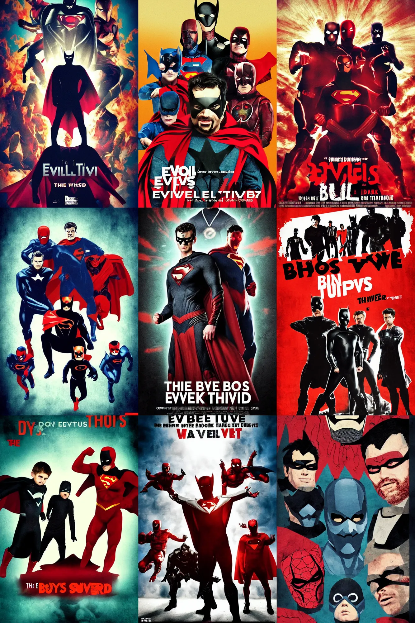 Prompt: The Boys, evil superheroes, dark twisted, movie poster