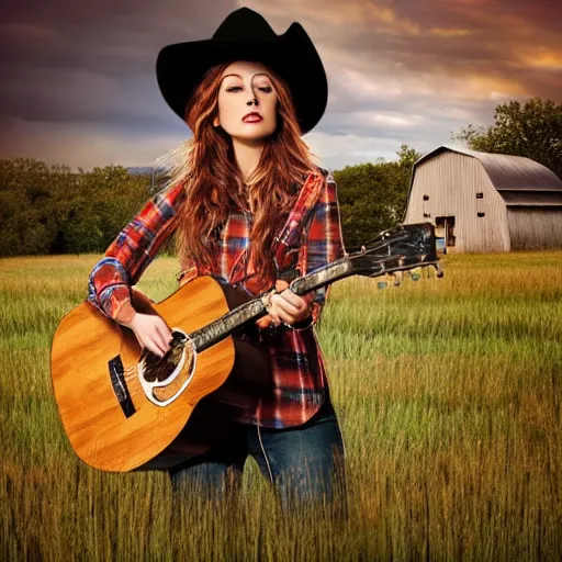 Image similar to a female fluffy humanoid fox animal, wearing cowboy hat, wearing plaid shirt, playing guitar, in a field, barn in background, album cover style