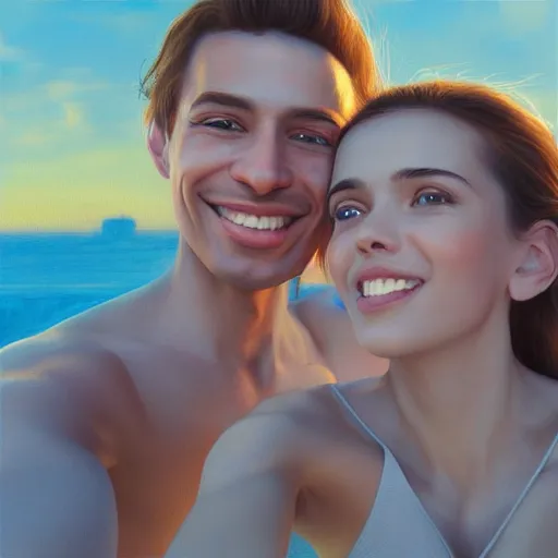 Image similar to beautiful serene intricate portrait of you and me taking a selfie, smiling softly, relaxing on the beach, golden hour, soft focus, 8 k, art by irakli nadar, hyperrealism, hyperdetailed, ultra realistic