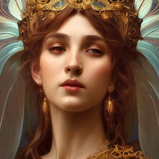 Image similar to portrait of etheral goddess, intricate, elegant, highly detailed, digital painting, artstation, concept art, smooth, sharp focus, illustration, art by artgerm and greg rutkowski and alphonse mucha and william - adolphe bouguereau and stephanie law