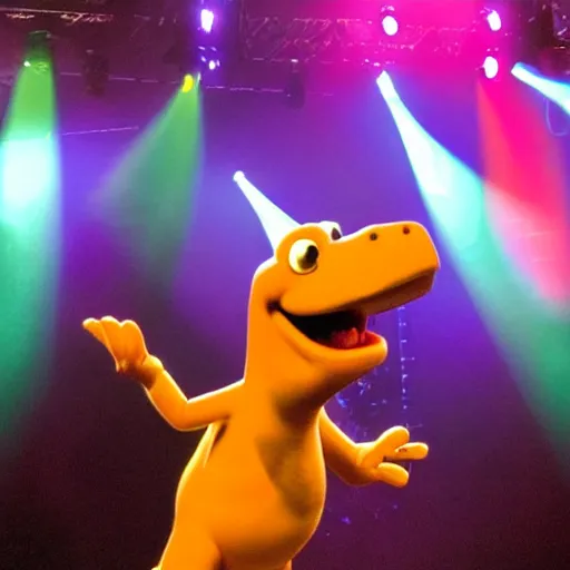 Image similar to Barney the Dinosaur from Barney and friends tv show leads a modern worship service, backlit, dramatic stage lighting, fog