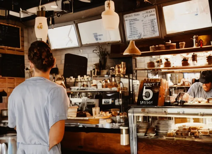 Image similar to a 3 5 mm photo of a person behind the counter of a cafe in the morning, bokeh, canon 5 0 mm, cinematic lighting, film, photography, golden hour, depth of field, award - winning