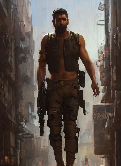 Image similar to 👳♂. cyberpunk mercenary in a military vest ( blade runner 2 0 4 9, cyberpunk 2 0 7 7 ). orientalist portrait by john william waterhouse and james gurney and theodore ralli and nasreddine dinet, oil on canvas. cinematic, hyper realism, realistic proportions, dramatic lighting, high detail 4 k