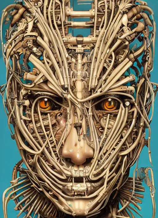 Image similar to a hyper - detailed fine painting of a synthetic humanoid cyborg hybrid half cybernetic and half made of plants and wood, concept art magical highlight, full color tribal and technologic art, variations and fulcolor futuristic