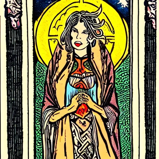 Prompt: an intricate tarot card of a beautiful female vampire