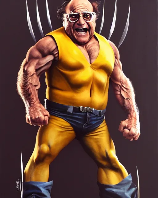 Image similar to danny devito as wolverine, full body portrait, full suit, claws out, oil on canvas, octane render, trending on artstation