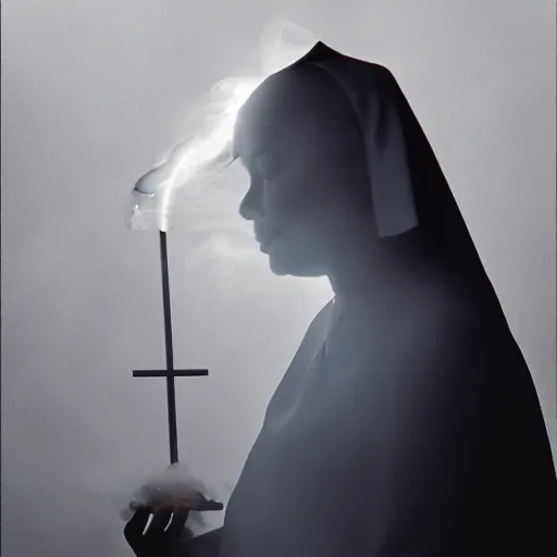 Prompt: a nun exhaling a huge smoke cloud from a cross shaped bong, film still, cinematic lighting