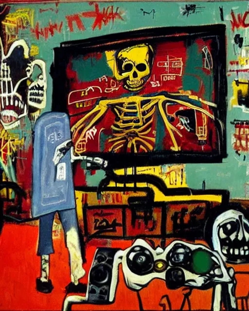 Image similar to oil neo expressionism painting of skull skeleton playing console video games infront of tv by basquiat and norman rockwell