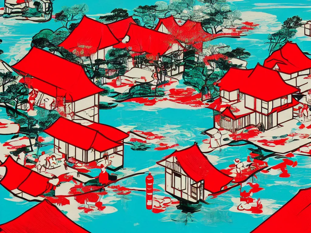 Prompt: close - up image of a red house with a pond, with stormtroopers sitting around it, a combination of pop - art and traditional japanese painting styles, the style of andy warhol, roy lichtenstein and jackie tsai, bright palette, acrylic on canvas