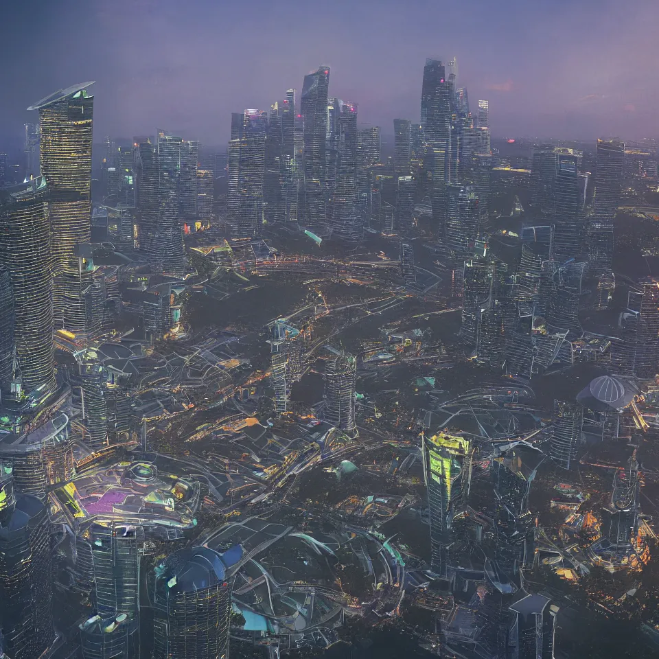 Prompt: a detailed futuristic painting of the Marina Bay Sands in Singapore at dusk. By Robert Bechtle, Paul Kratter, Geri Keary, Simon Stålenhag. Concept art, CGSociety, Octane. Trending on ArtStation, 8k, UHD, HDR