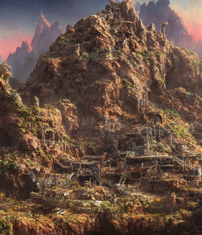 Prompt: a beautiful hyperrealistic detailed digital render of an iron age outpost on a strange and colorful planet by simonetti, by frazetta, by jean giraud, epic scale, pristine, intricate, multiple wide angles, trending on artstation, volumetric lighting, micro details, hdr, 8 k