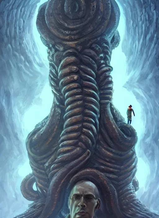 Image similar to megalophobia man looking up at a gigantic tentacle monster coming from a stone statue face in the wall, detailed dynamic composition, dramatic lighting, trending on artstation, award winning art, stylized painting, by artgerm and greg rutowski dungeons and dragons