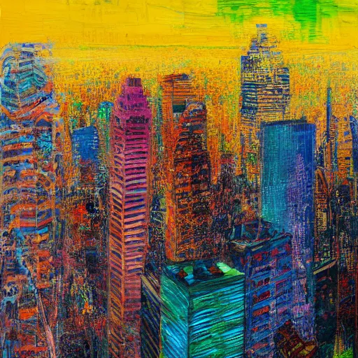 Image similar to Hyperrealistic intensely colored studio Photograph portrait of a Godzilla terrorizing Omaha skyline long exposure, award-winning nature expressionistic impasto oil painting by Fabian Marcaccio and Jean Dubuffet and Audubon vivid colors hyperrealism 8k