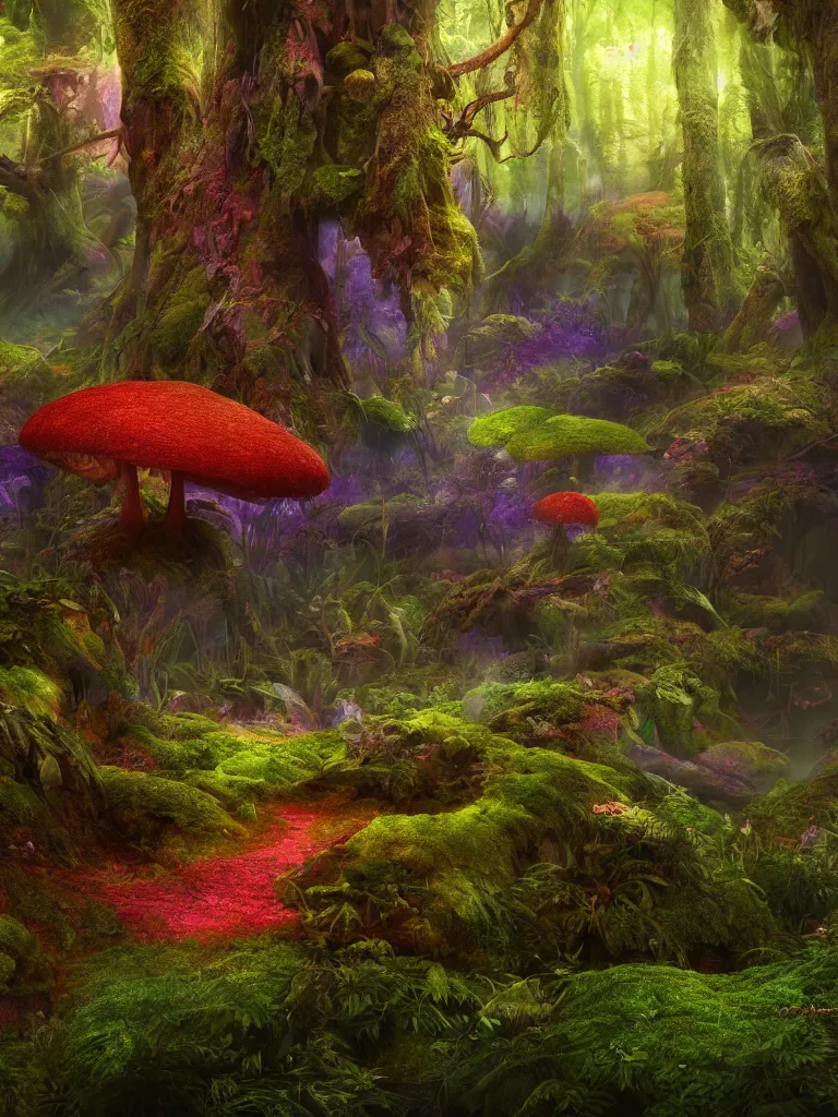 Prompt: a beautiful otherworldly fantasy landscape of a hidden forest with colorful mystical plants and huge psychedelic mushrooms as the trees like alice in wonderland, rendering, cryengine, deep color, vray render, cinema 4 d, cgsociety, bioluminescent