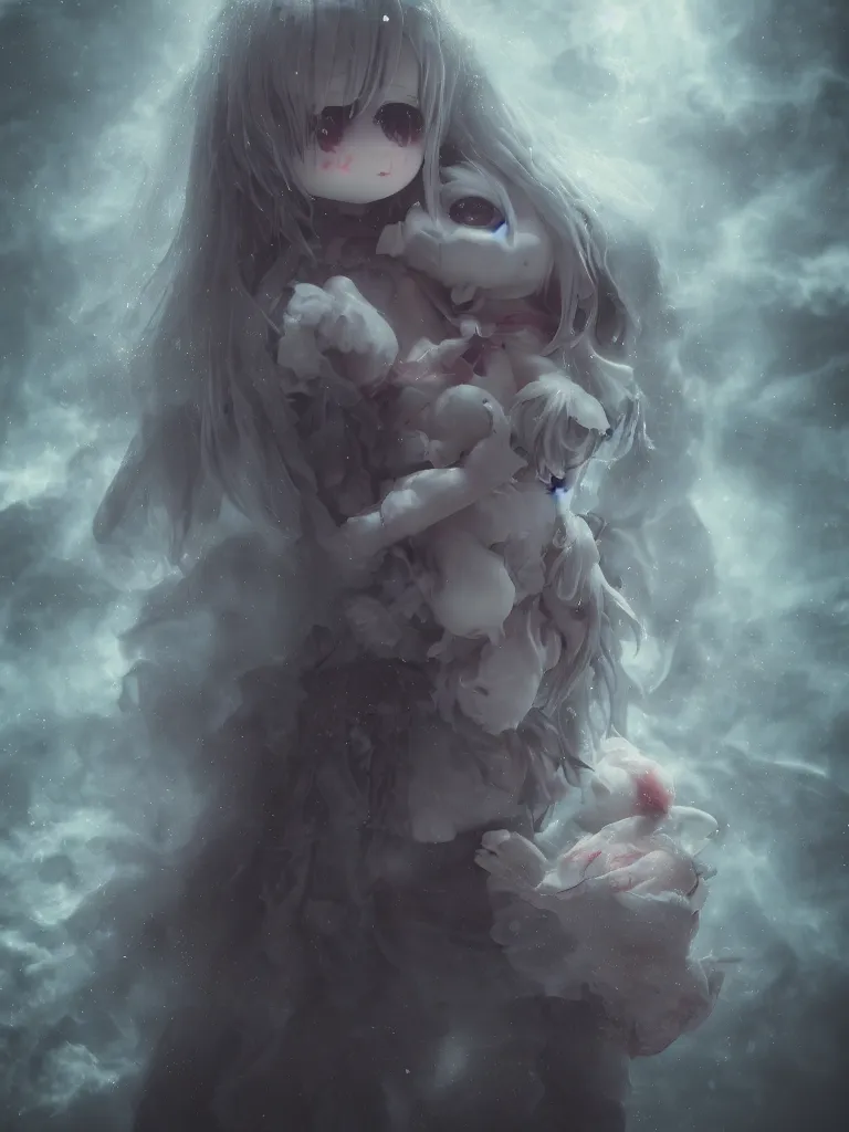 Prompt: cute fumo plush of a cursed frail witch girl held tight in the arms of a ghost mother, hugging and cradling, anime, melting volumetric smoke and fog, environment map pbr reflective stormy water, gothic maiden, bokeh, vignette, vray