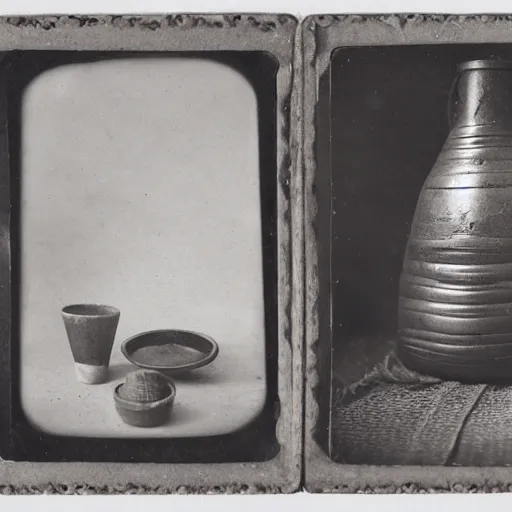 Image similar to Tintype photograph of primitive objects and a ready-made displayed in an ethnographic museum, archive material, anthropology, 1920s studio lighting.