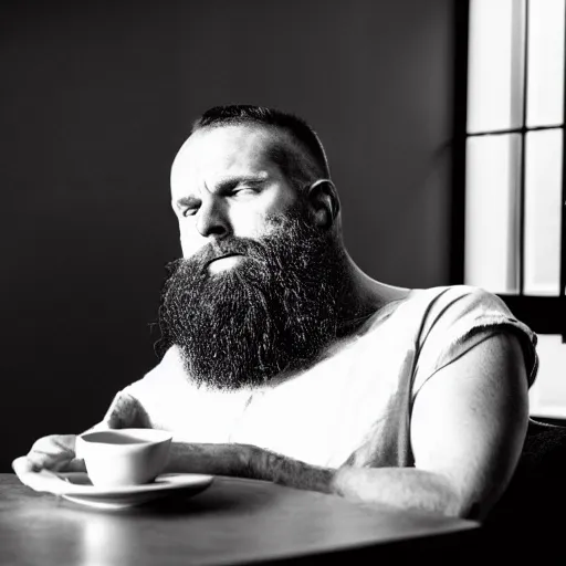 Prompt: sad man forty years old with a beard sitting at a coffee table, black and white, graphic novel