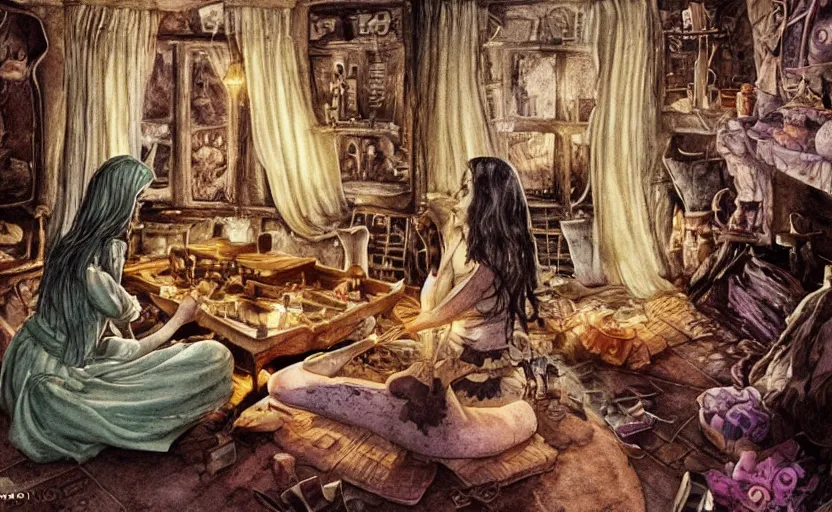 Prompt: women in the interior of a witches magical cottage, Milo Manara, night time, Margot Robbie, Scarlett Johanson, zoey Deschannel, smoking cigarettes, playing board games, highly detailed, pencil and watercolor, Tarantino movie posters, melancholy, level design, concept art, artstation, cgsociety, zenith view