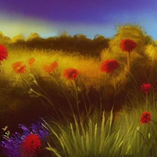 Prompt: A painting of spirits over the horizon by Bob Ross, 8K concept art, dreamy, garden, bushes, flowers, golden hour, vintage camera, detailed, award winning photography, cinematic lighting