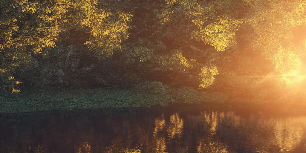 Image similar to a river in a forest, golden hour, ray tracing reflection, 8k, hyper realistic, elegant, highly detailed, ornate, beautifully lit, ray traced, octane render