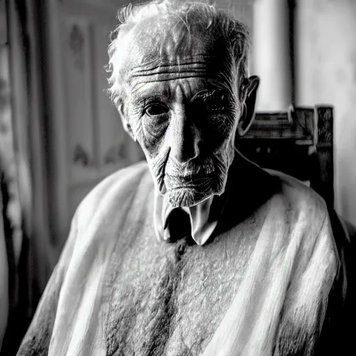 Image similar to count of durres, a 1 0 0 year very old man, dignified but aged face, night gown, hunched over, rare hair, black and white photography inside an old mansion