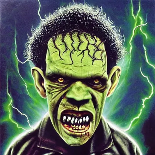 Image similar to gilbert gottfried as frankenstein monster scary horror painting metal album cover