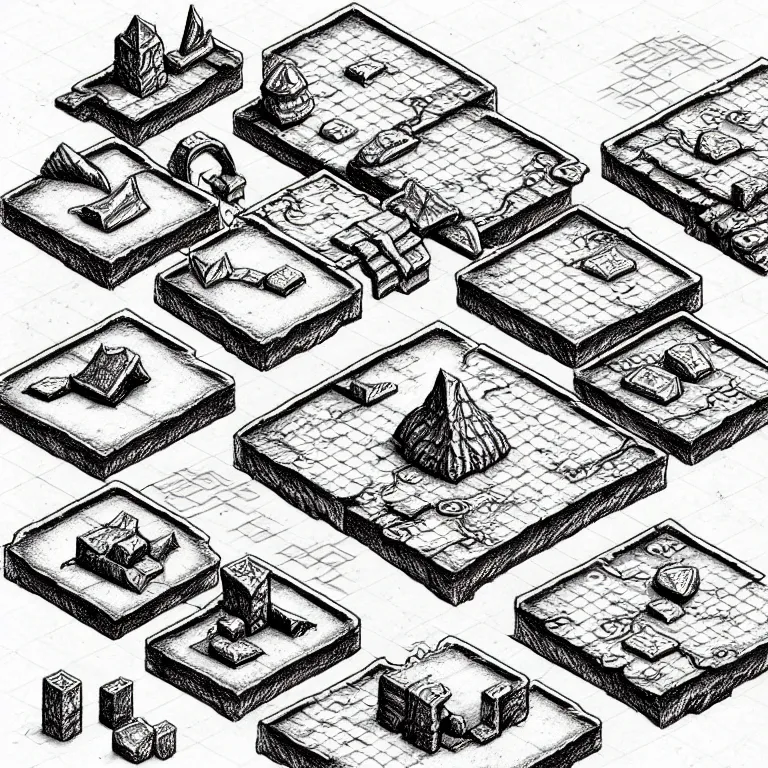 Image similar to an absurdly-detailed isometric fantasy scene pencil drawing as a fancy square tile