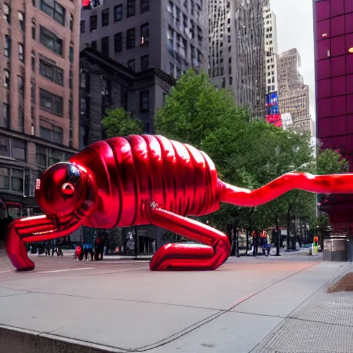 Prompt: an street photograph of a giant metallic red lobster sculpture in the center of a new york street, a large crowd have gathered, by Claes Oldenburg and jeff koons, pop art, reflections, 3D render, Volumetric dynamic lighting, Highly Detailed, Cinematic Lighting, Unreal Engine, 8k, HD