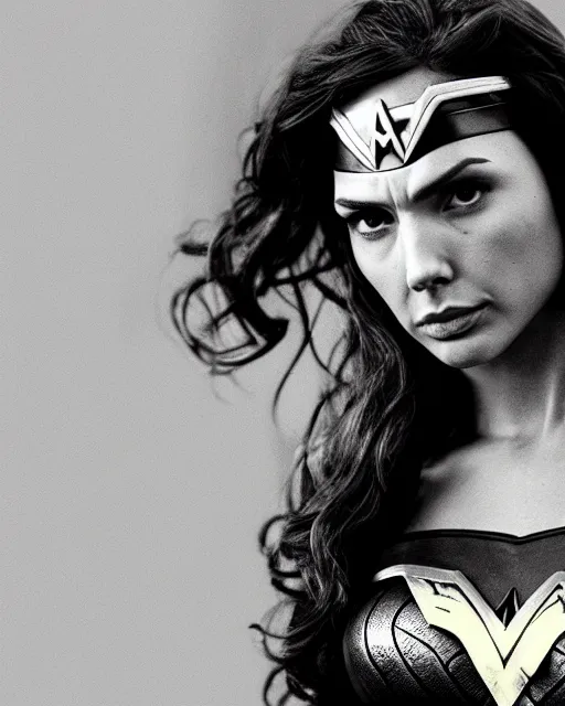 Prompt: tired angry wonderwoman portrait hd sharp monochrome technoir photo with mix of gal Gadot and Linda Carter in frank Miller Alex Ross style detailed trending on Flickr Leica Zeiss depth of field