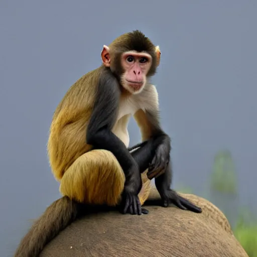 Image similar to a monkey sitting on the back of a turtle