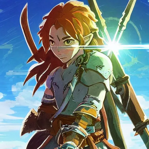 Image similar to a ultra detail picture portrait of A warrior in shimmering armor, the sun at their back, strides forward with sword held high. They are the embodiment of courage and strength, and they are ready to fight for what is right. vivid tones, wide angle, by miyazaki, nausicaa ghibli, breath of the wild, 8k, photorealistic,