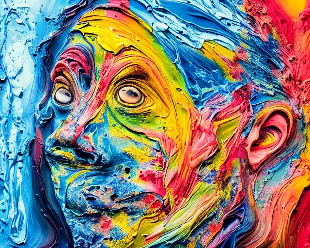 Image similar to abstract expressionist portrait of a head showing strong negative emotions painted with very thick impasto paint and acrylic pour and coloured powder explosion and splashing paint and dripping paint and flying paint chunks, motion blur, hyperrealistic, intricate art photography, anatomically correct, realistic crisp textures, 1 6 k