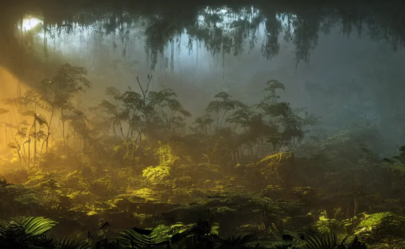 Image similar to a beautiful render of a dark prehistoric rainforest in a humongous cave, lush flora, patches of yellowish - red - magenta sky, sunset lighting, military!! industrial!! facility!!, intricate detail, hazy, humid, volumetric lighting, god rays, 8 k, photorealistic, raytracing effects, unreal engine 5