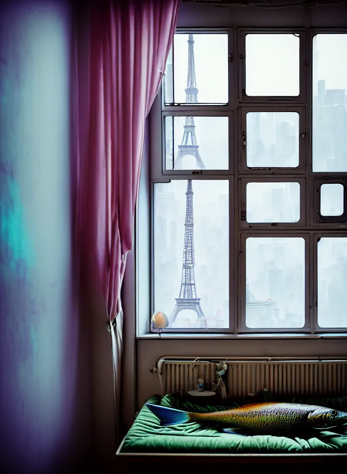 Prompt: telephoto 7 0 mm f / 2. 8 iso 2 0 0 photograph depicting the feeling of chrysalism in a cosy cluttered french sci - fi minimalist ( art nouveau ) cyberpunk apartment in a pastel dreamstate art cinema style. ( computer screens, window ( city view ), sink, lamp ( ( ( fish tank ) ) ) ), ambient light.