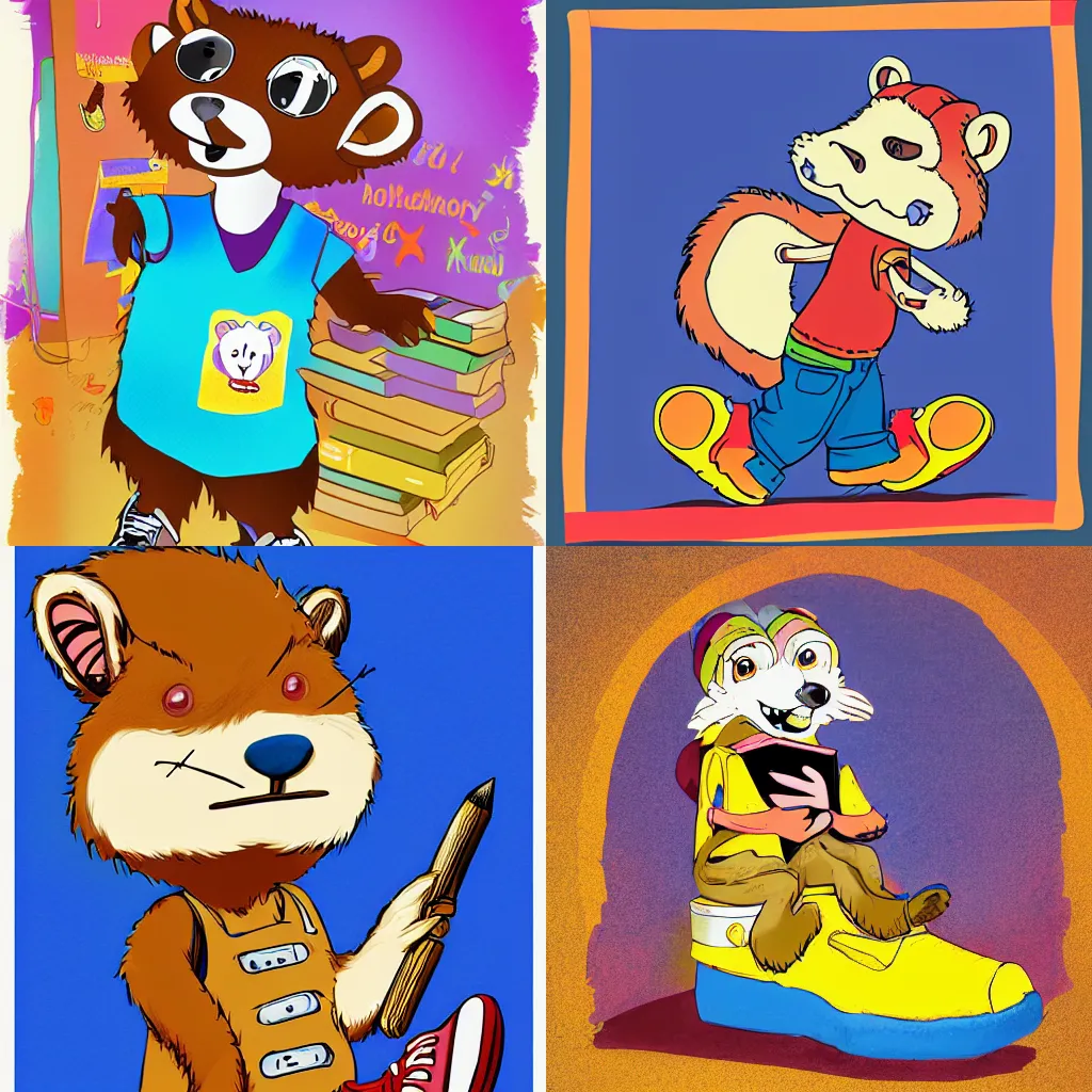 Prompt: children's book illustration of an anthropomorphic furry character of a weasel in shortalls and colorful sneakers. in a kindergarten classroom. digital art, brush pen, dramatic lighting