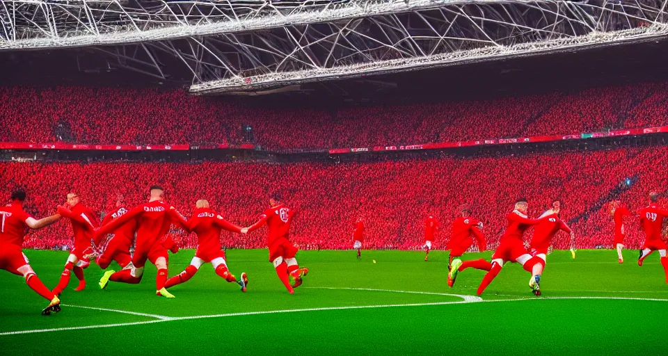 Image similar to soccer goal moments, players, people, football club spartak moscow wins the 2 0 2 4, champions league, final at wembley stadium, soviet realism style, 8 k