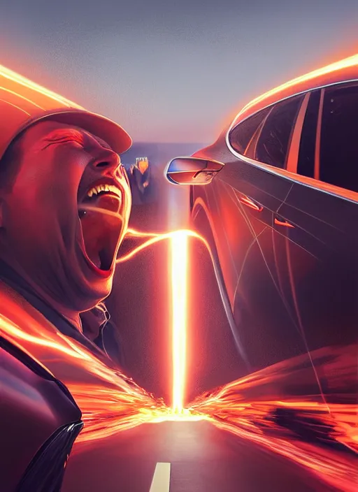 Prompt: portrait of insane elon musk laughing as a tesla runs into a child and bursts into flames, intricate, unholy, fire, highly detailed, digital painting, artstation, concept art, smooth, sharp focus, illustration, art by wlop, mars ravelo and greg rutkowski