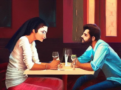 Image similar to masterpiece painting by salman toor, of a guy and a girl on a date in a restaurant, cinematic light, renaissance, atmospheric effects, artstation